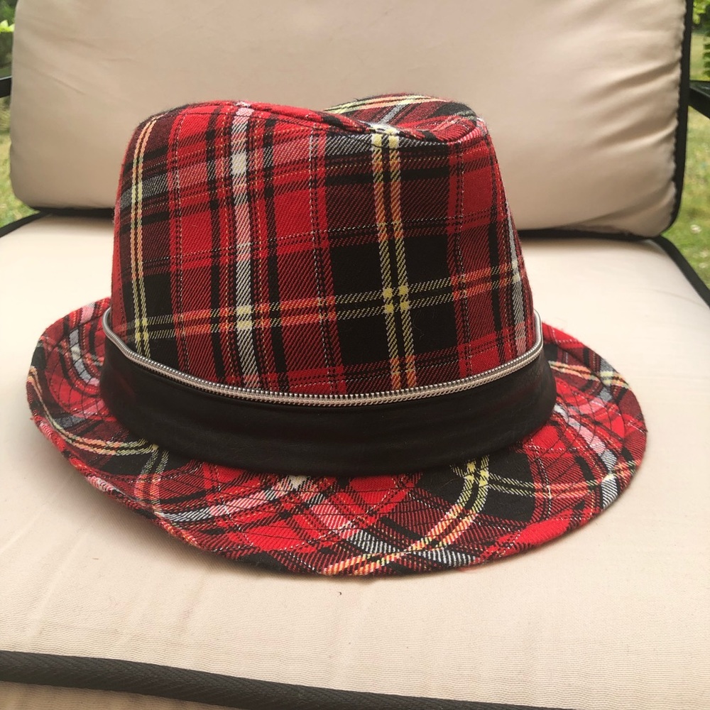 Used once justice youth red plaid/black fedora with faux leather zipper trim